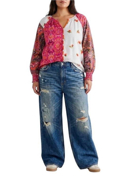 Tops - Boho Floral Patchwork Blouse Viscose Long Sleeve Cottagecore Top L